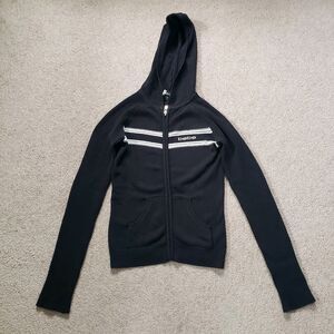 Bebe Logo Front Striped Full Zip Hoodie Sweatshirt Y2k Black White Ribbed Size M
